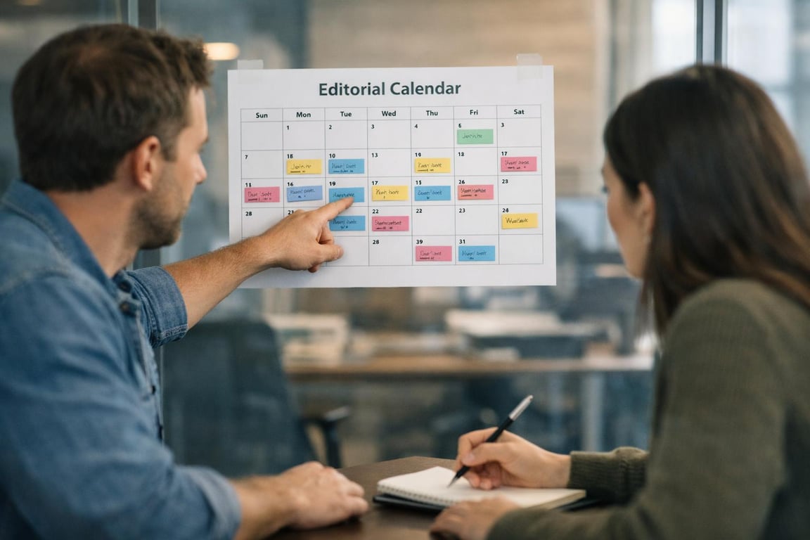 Two colleagues discussing a colorful editorial calendar with sticky notes in a modern office setting.