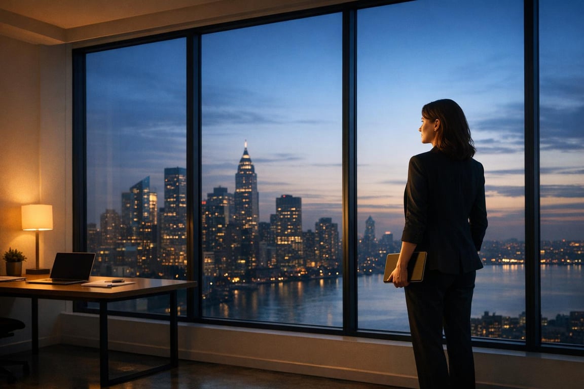 Woman in business attire holding a notebook looking out at a city skyline at dusk from a modern office with large windows.