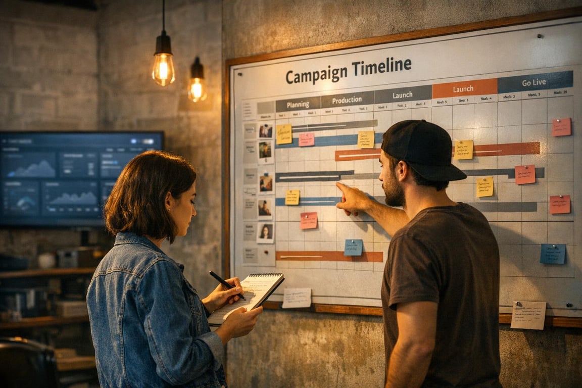 Two coworkers discussing project details on a campaign timeline board with sticky notes and charts in an office.