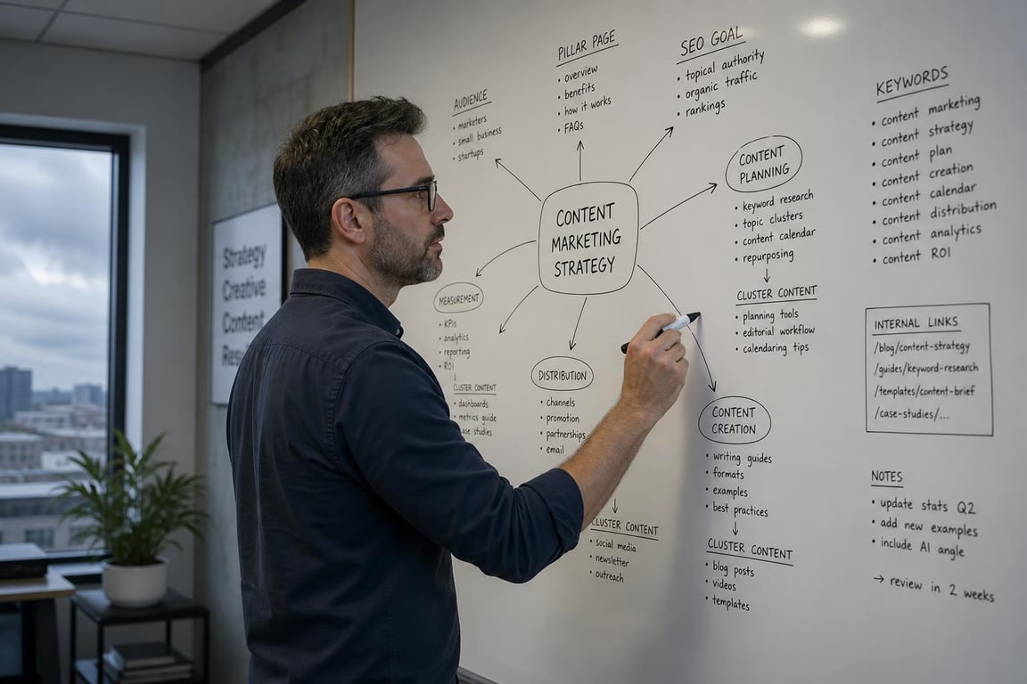 Content strategist studying a hand-drawn keyword cluster diagram on a whiteboard in a modern agency interior