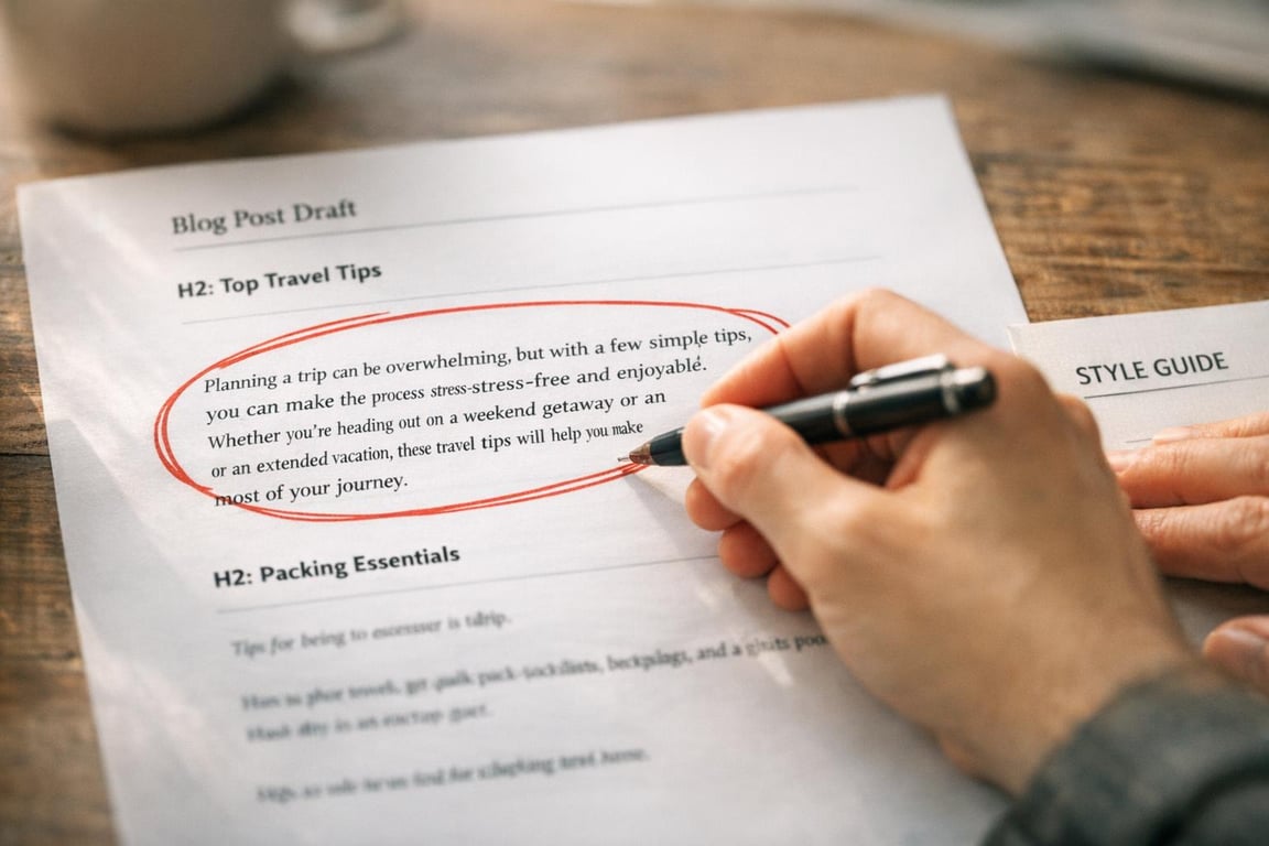 Hand circling text with a pen on a blog post draft titled 