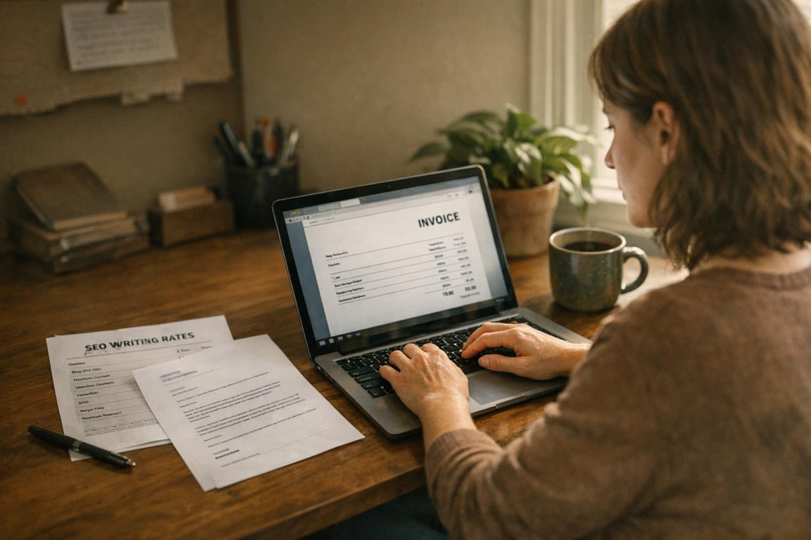 Person working on laptop displaying an invoice, with SEO writing rates and documents on a wooden desk beside a coffee mug.
