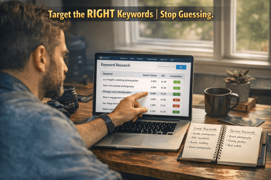 Man pointing at keyword research data on laptop screen with notes on local and service keywords on desk.