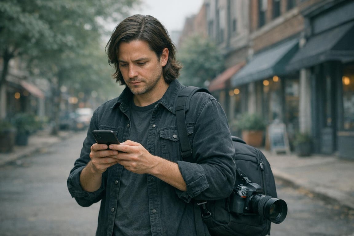 Man in black jacket using smartphone on urban street with camera and backpack over shoulder