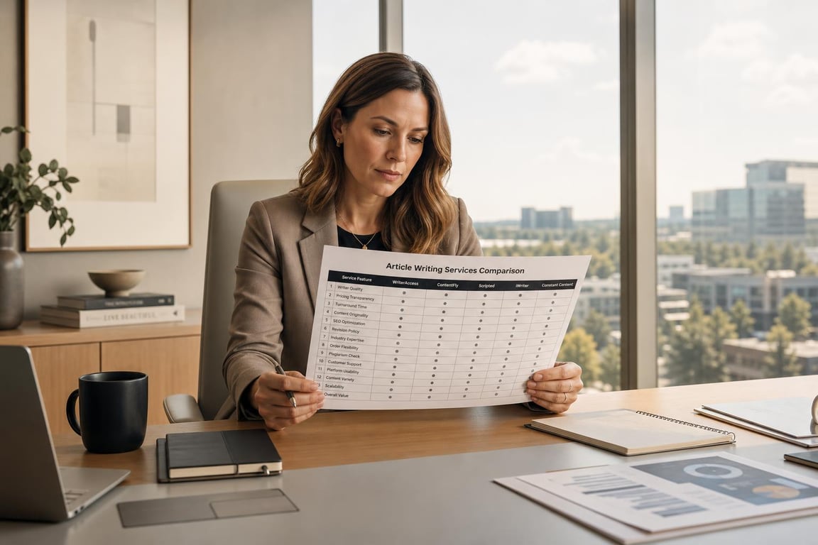 Marketing director reviewing a printed comparison matrix of 14 article writing services at a desk in a naturally lit office
