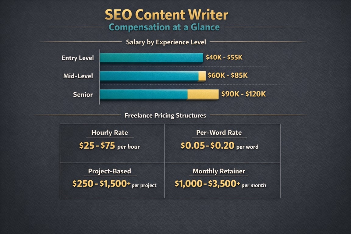 SEO content writer salaries by experience: entry $40K-$55K, mid $60K-$85K, senior $90K-$120K; freelance rates hourly, per word, project, retainer.