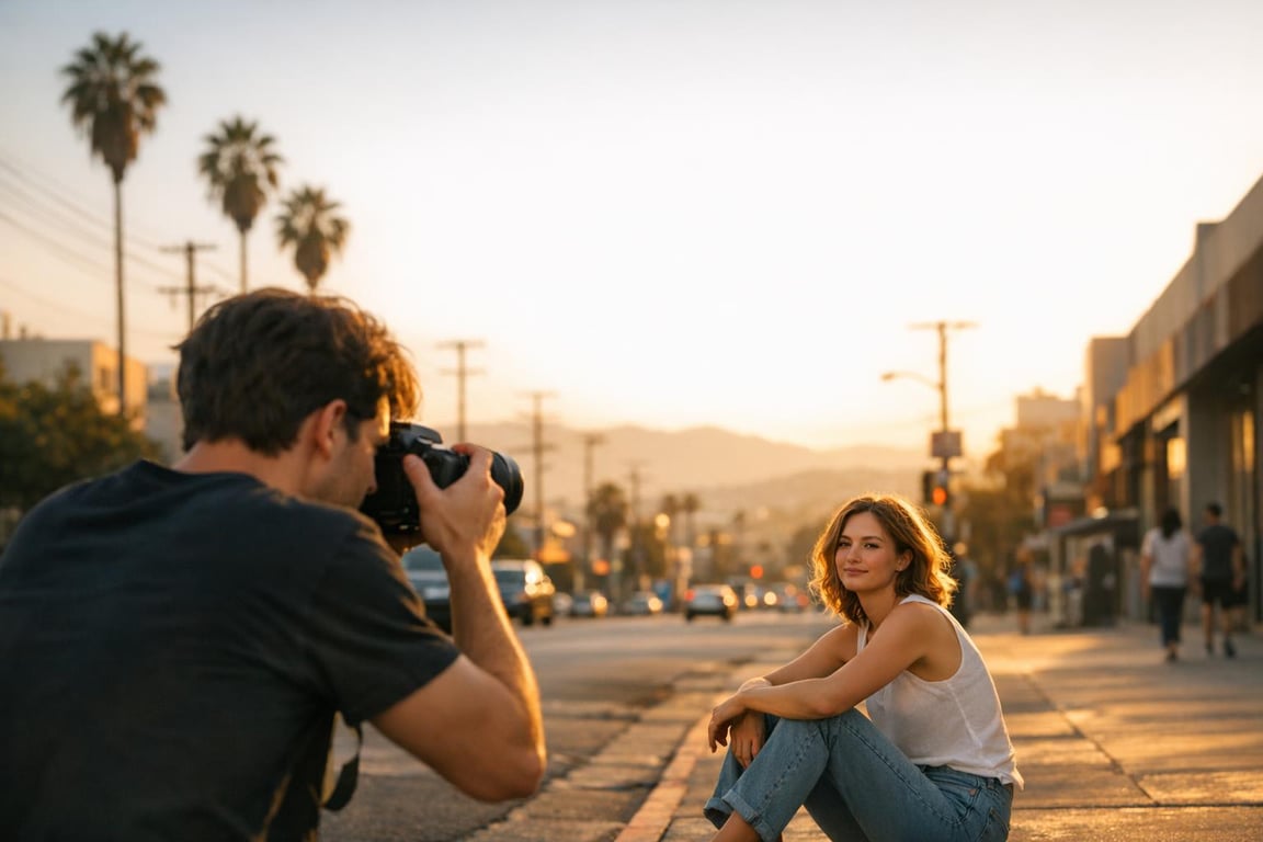 A woman poses stylishly on the street while a photographer captures her during sunset. Palm trees silhouette in the background.