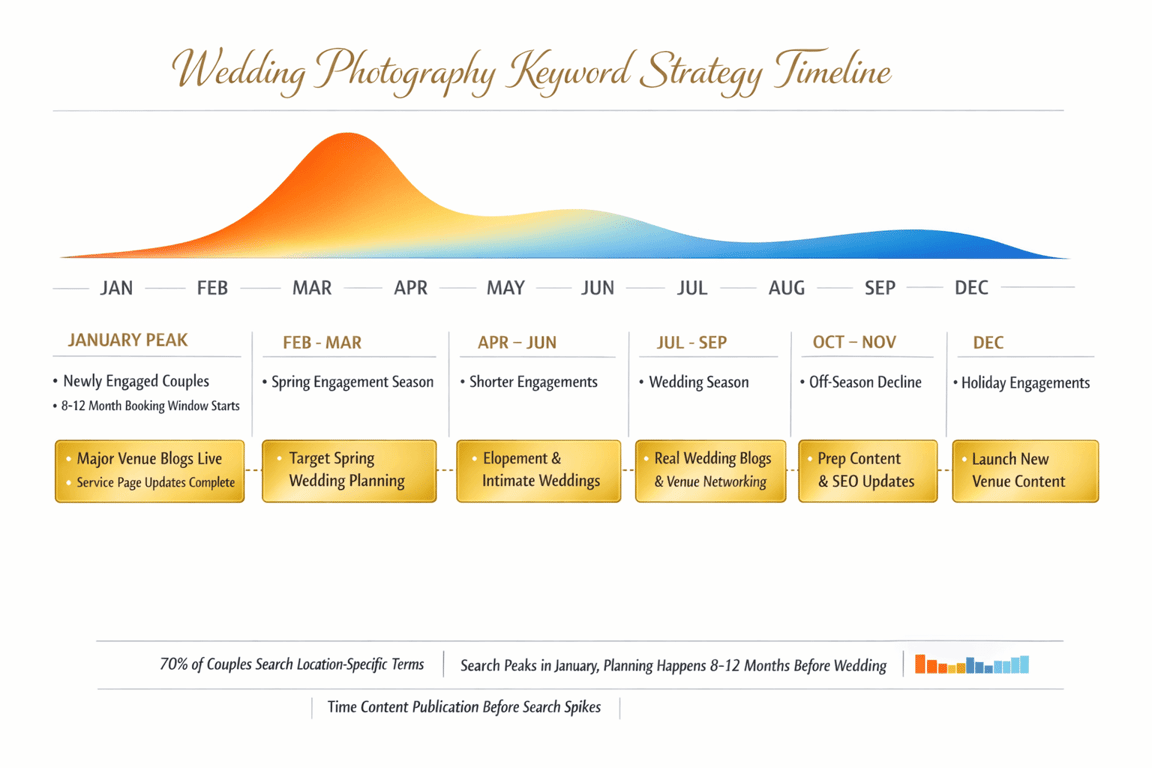 Wedding photography keyword strategy timeline showing search peaks, planning phases, and content focus from January to December.