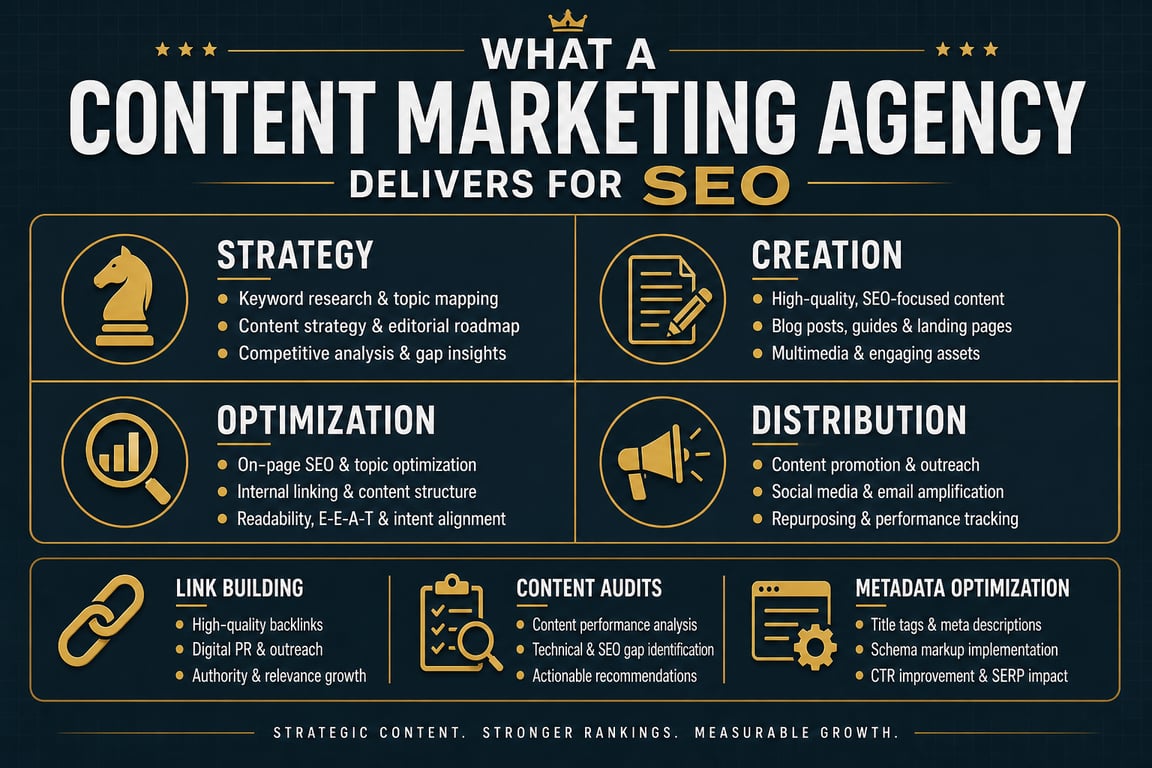 Content marketing agency services for SEO including strategy, creation, optimization, distribution, link building, content audits, and metadata optimization.