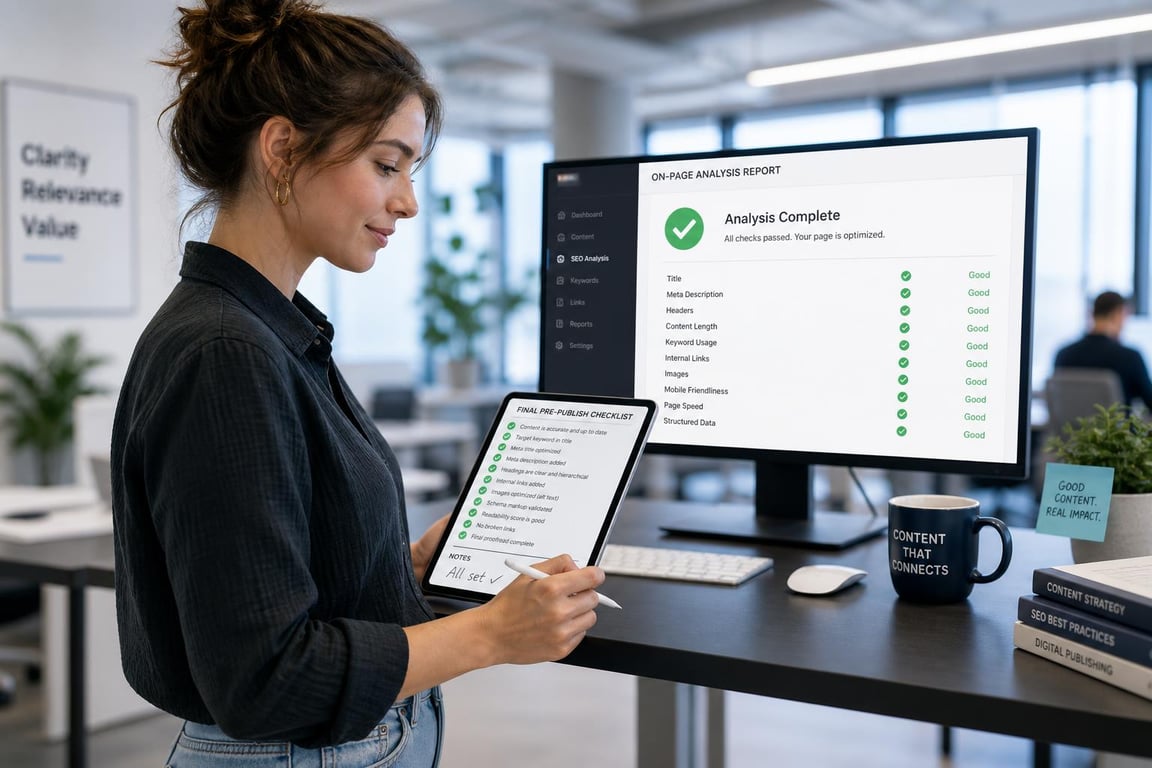 Content manager confirming a final pre-publish checklist beside an all-green on-page analysis report