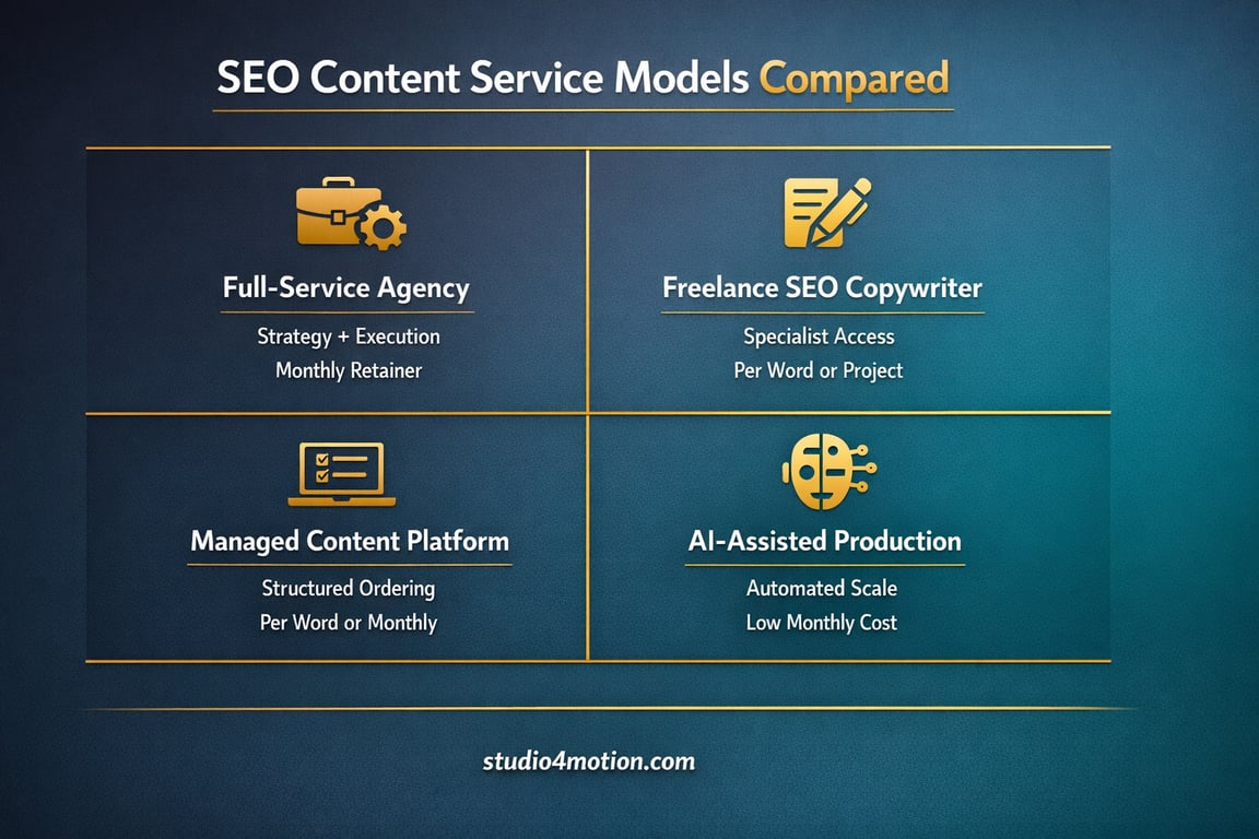 Comparison of SEO content service models: Full-service agency, freelance SEO copywriter, managed content platform, and AI-assisted production.