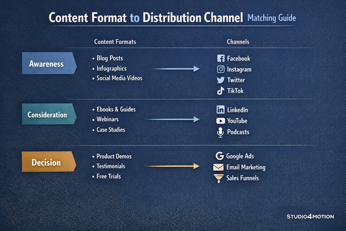 Content format to distribution channel guide matching blog posts, ebooks, product demos to Facebook, LinkedIn, Google Ads, and more.