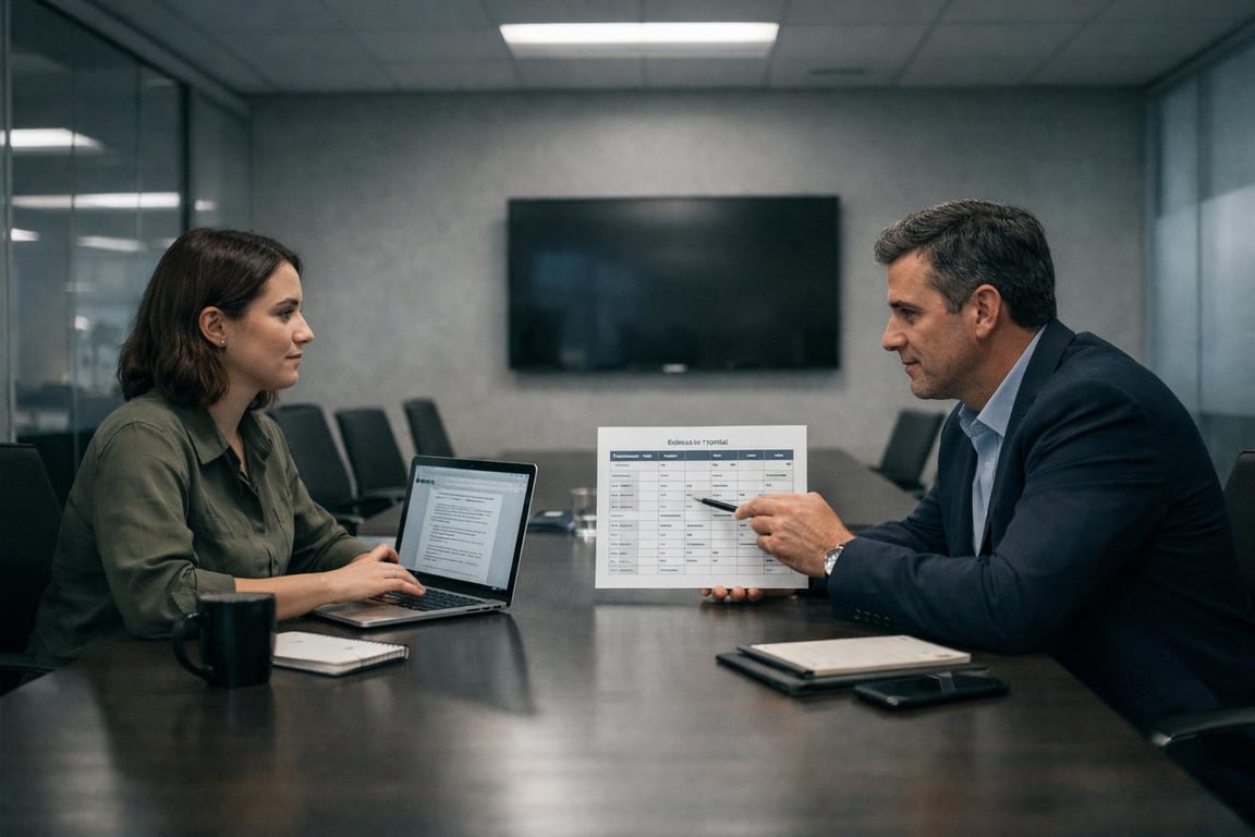 Two business professionals in a conference room discussing a printed chart and working on a laptop during a meeting.