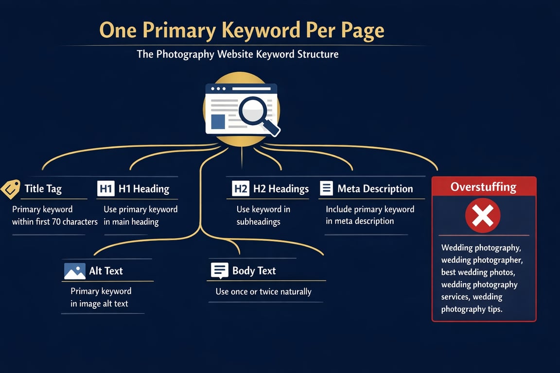 SEO keyword structure for photography websites including title tag, headings, meta description, alt text, and body text usage.