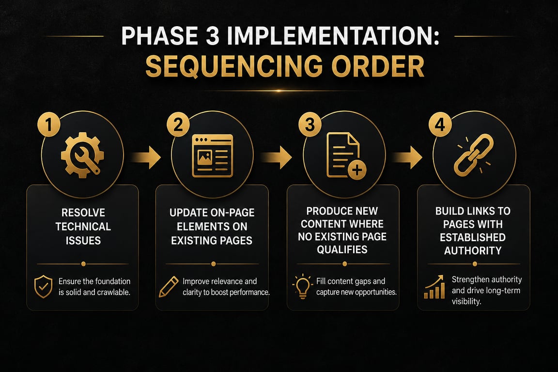Infographic showing four-step SEO campaign implementation sequence from technical fixes through link building with rationale notes per step