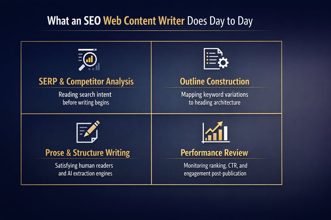 Daily tasks of an SEO web content writer including SERP analysis, outline construction, prose writing, and performance review.