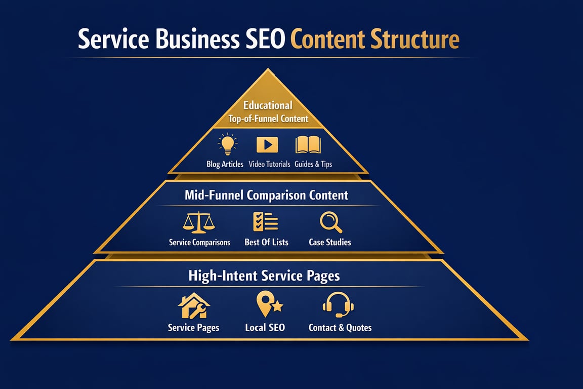 Service business SEO content structure pyramid showing educational content, mid-funnel comparison, and high-intent service pages.
