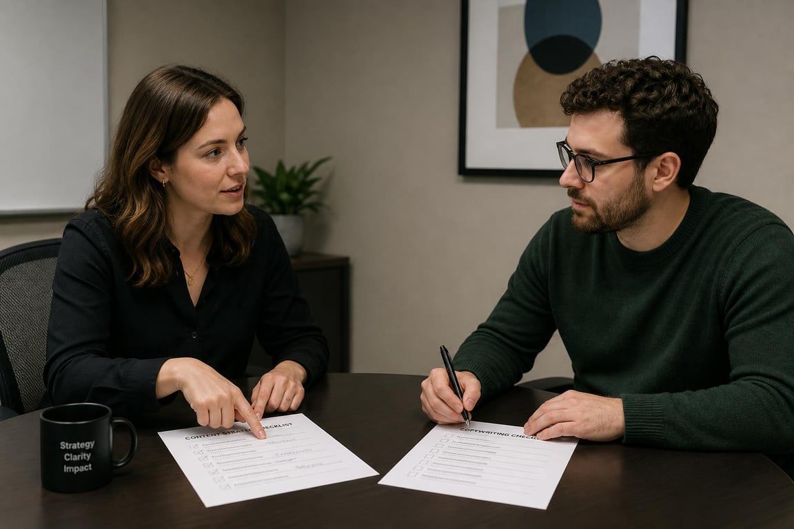 A content strategist and a copywriter review separate printed checklists at a conference table, dividing optimization responsibilities