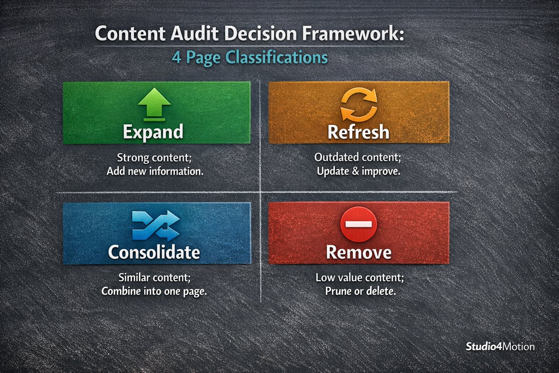 Content Audit Decision Framework showing four page classifications: Expand, Refresh, Consolidate, and Remove with descriptions.
