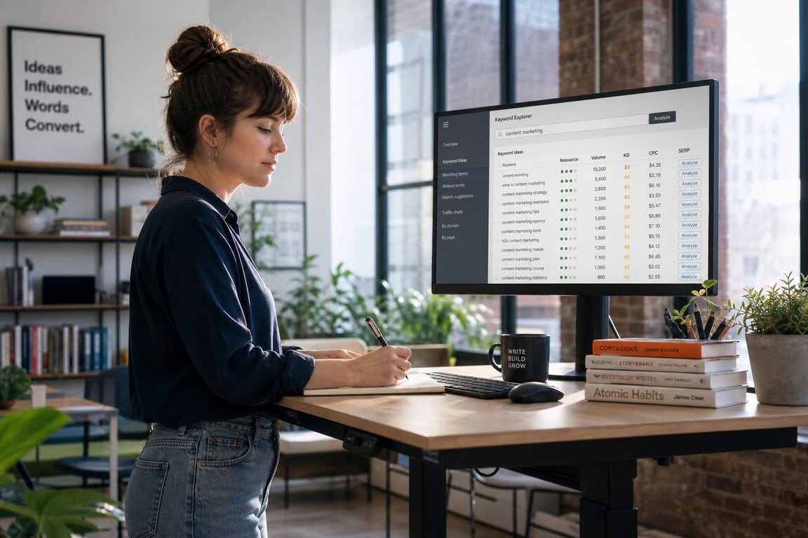 SEO copywriter writing notes at a standing desk with a keyword research tool visible on a monitor in a bright workspace