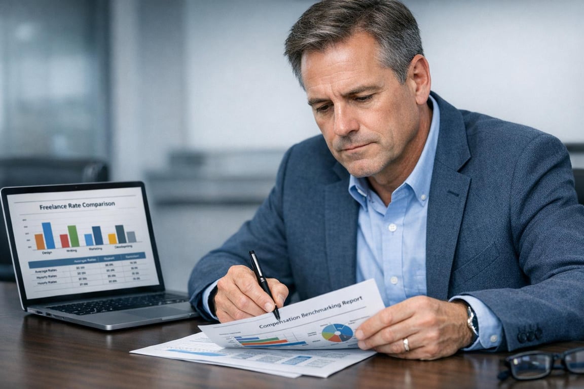 Man in blue blazer analyzing compensation and freelance rate comparison charts at office desk with laptop.