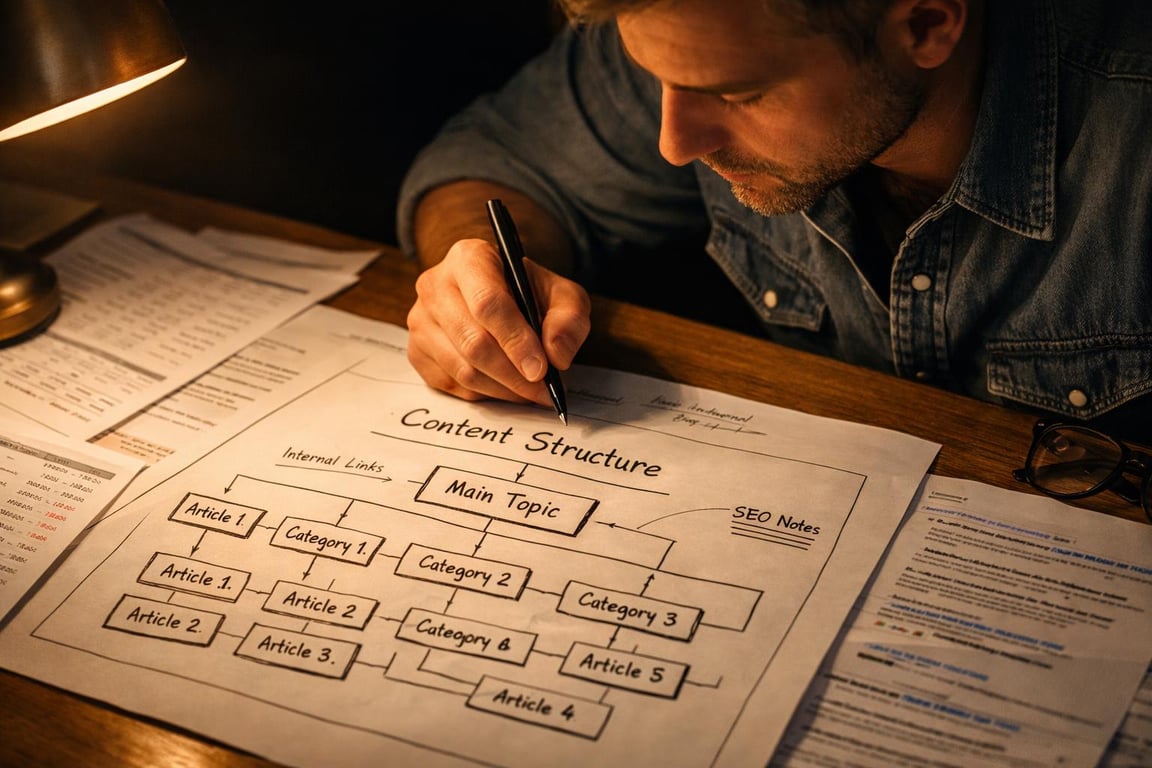 Man creating a content structure diagram with main topic, categories, and articles under warm desk lamp lighting.