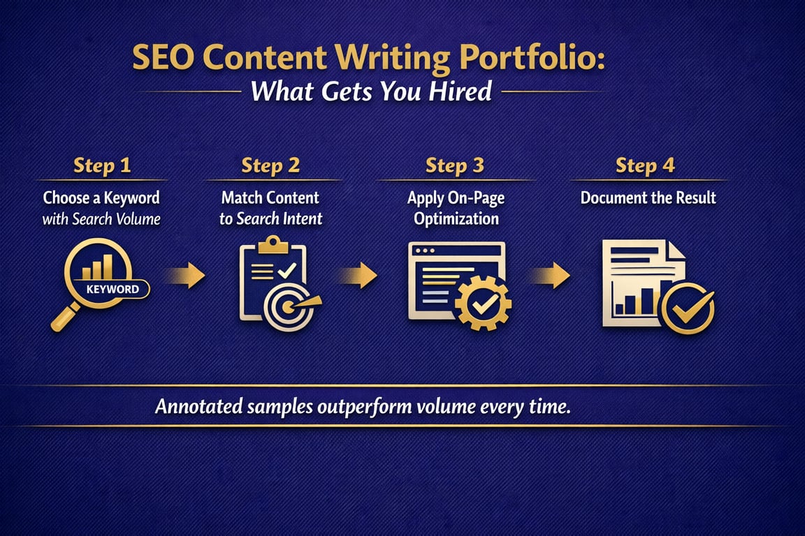 SEO content writing portfolio steps: choose keyword, match content to intent, apply on-page optimization, document results.