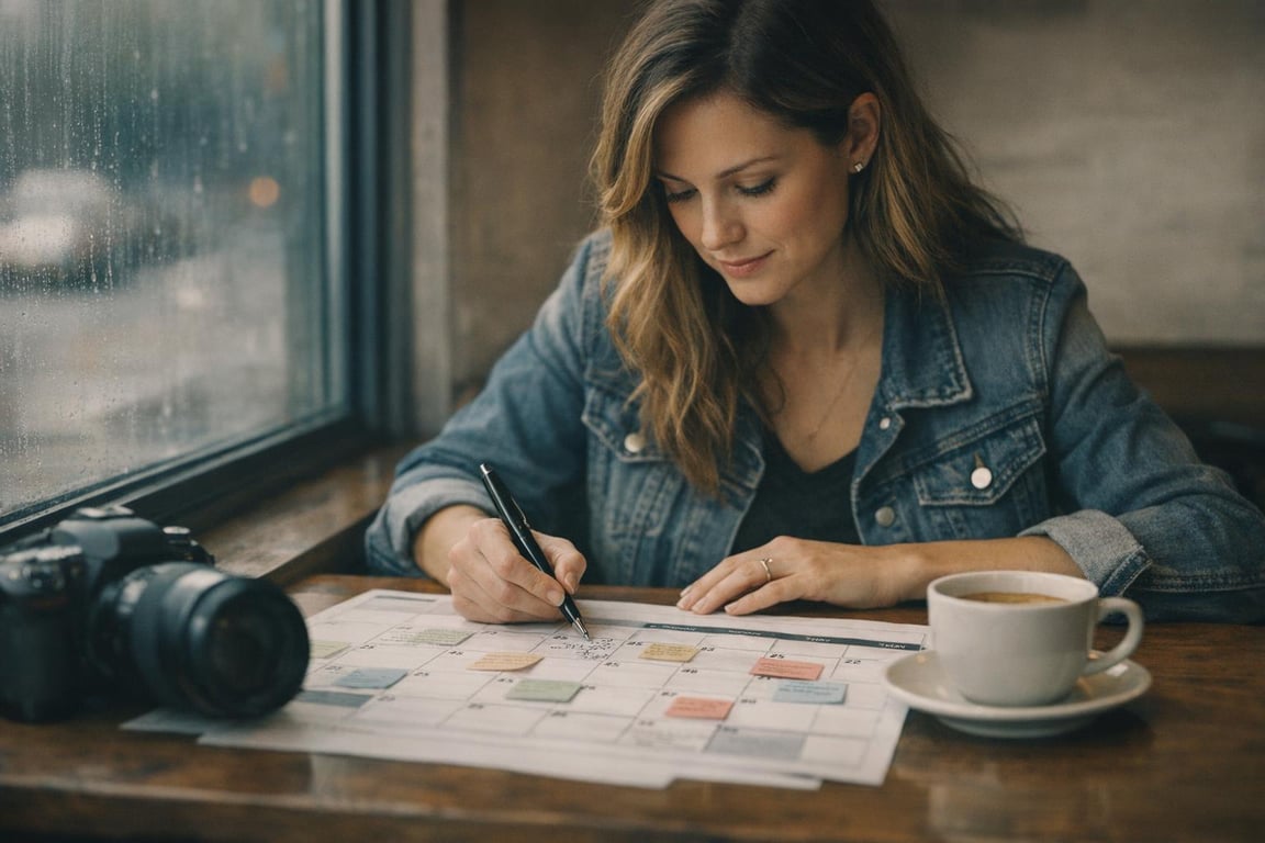 Woman in denim jacket planning schedule on calendar with pen beside camera and coffee cup by window.