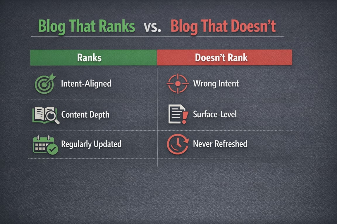 Comparison chart showing blog ranking factors: intent-aligned, content depth, regularly updated versus wrong intent, surface-level, never refreshed.