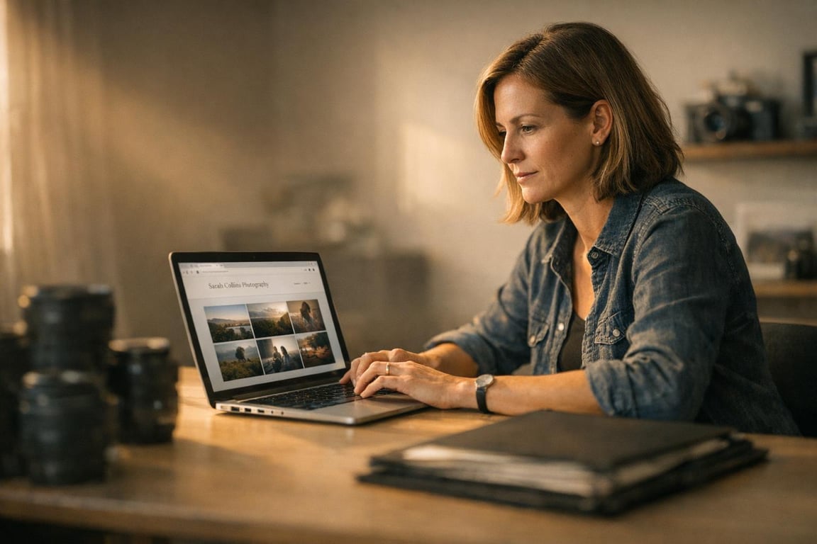 Woman reviewing photography portfolio on laptop in a cozy, softly lit workspace with camera lenses on the table.