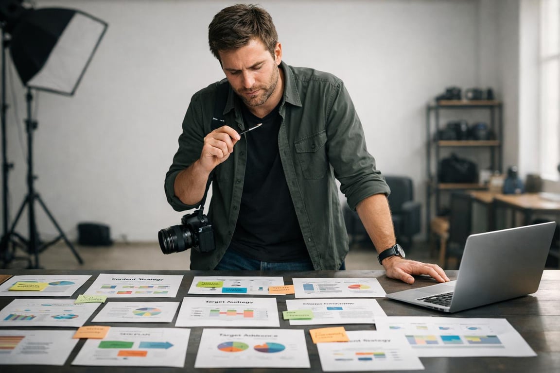Man analyzing charts and graphs on a table with a laptop, wearing a camera and holding glasses in a creative workspace.