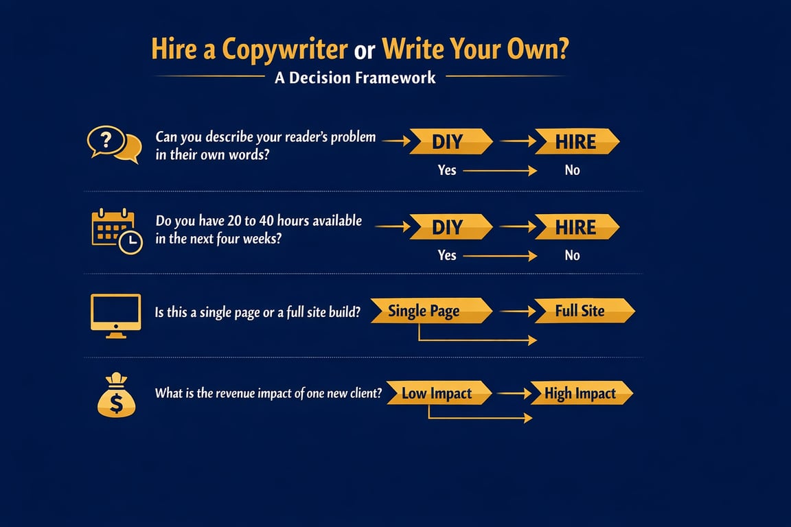 Decision framework for hiring a copywriter or writing your own based on problem clarity, availability, project scope, and revenue impact.