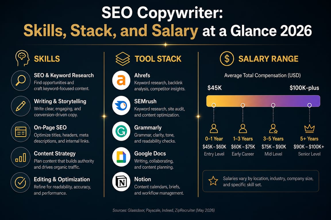 Summary infographic showing SEO copywriter skills, tool stack, and 2026 salary ranges from $45K to over $100K