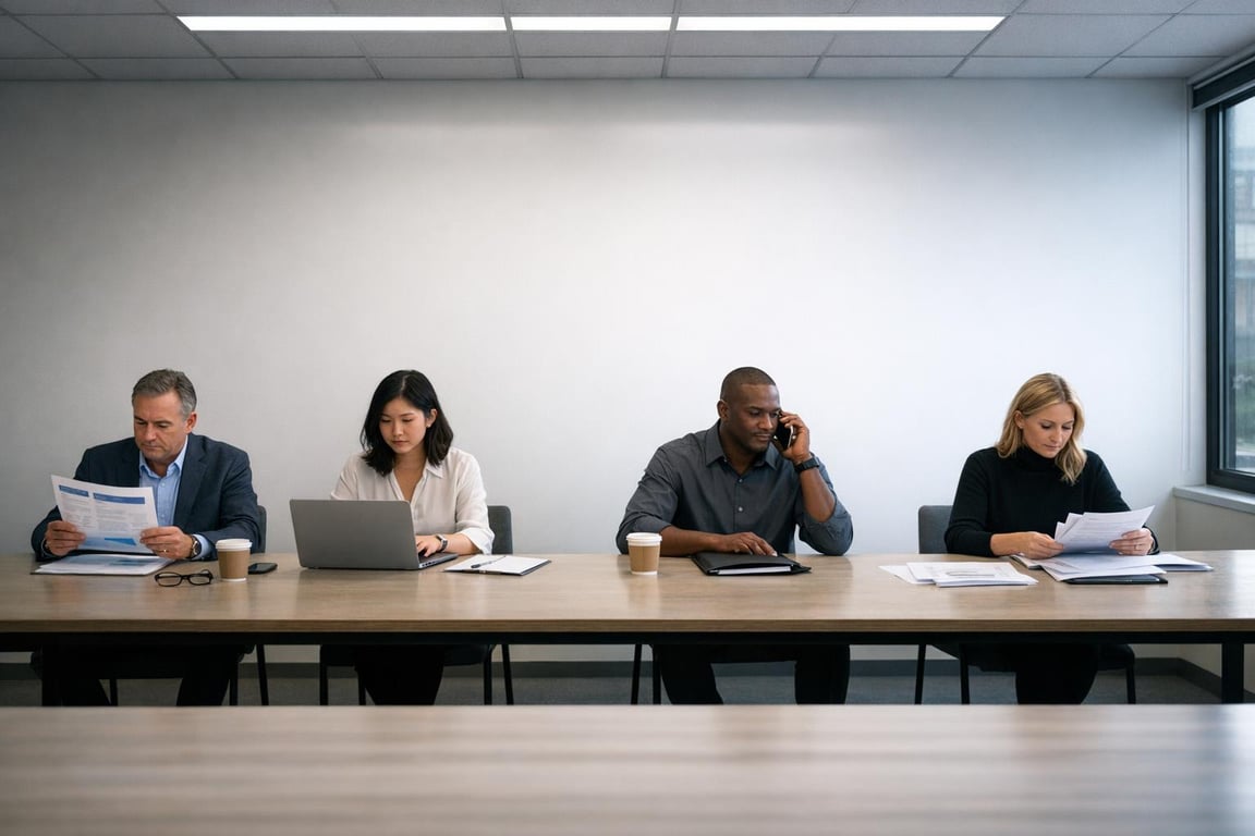 Four diverse professionals seated at a table reviewing documents, working on laptops, and talking on the phone in a meeting room.