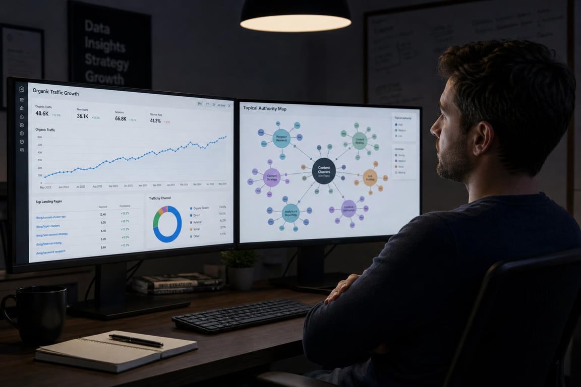 Man analyzing organic traffic growth and content cluster strategy on dual monitors in a dark office setting.