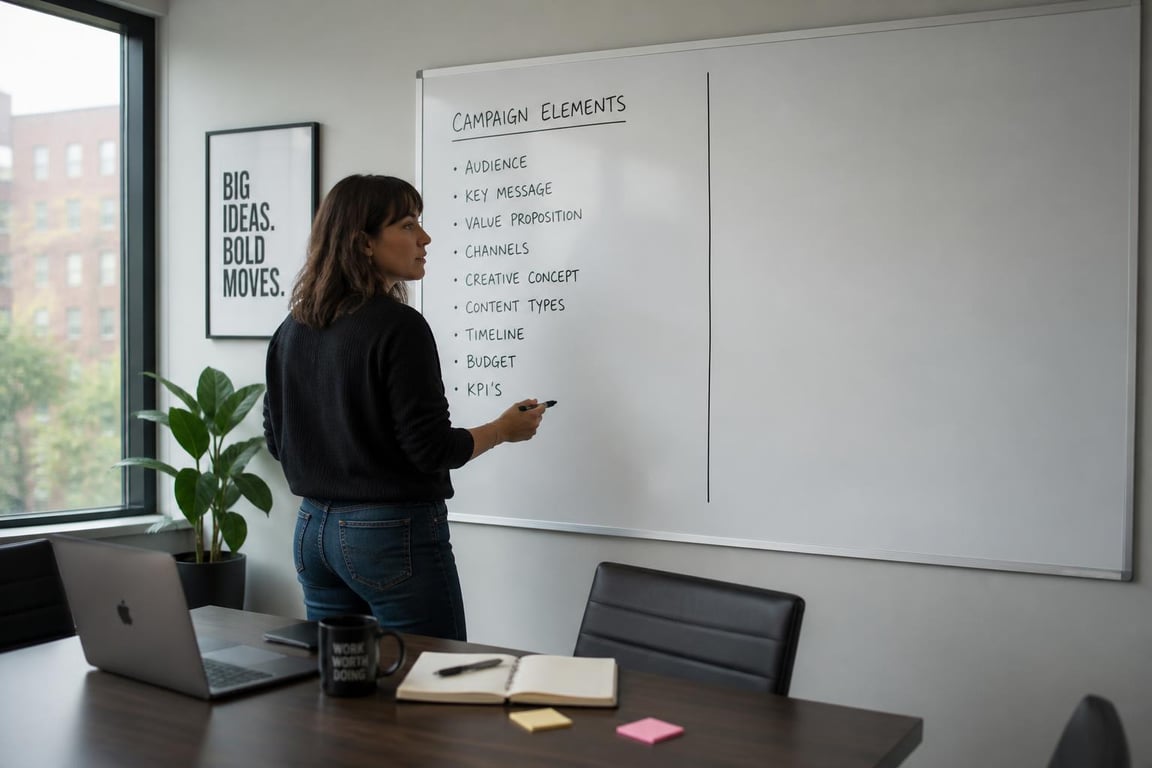 Marketing director standing at a whiteboard drawing a dividing line between SEO campaign elements and ongoing maintenance in a modern conference room
