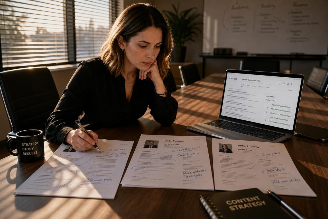 Marketing manager evaluating three SEO content writer portfolios with ranking evidence on laptop, systematic hiring decision in progress