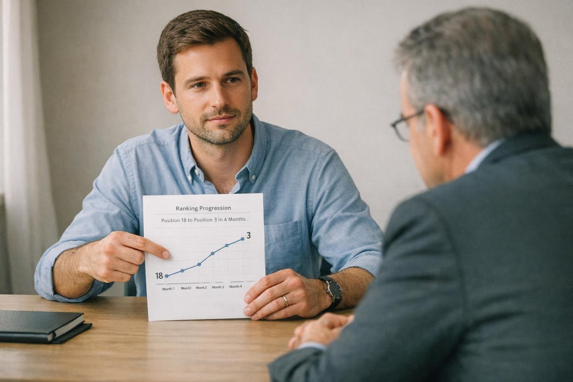 Young man showing ranking progression graph from position 18 to 3 over four months during business meeting.
