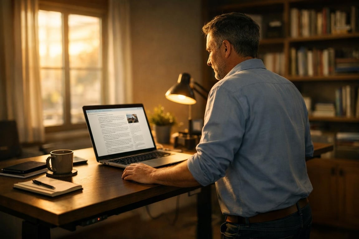 Middle-aged man working on laptop at wooden desk in cozy room with warm lighting and bookshelves in background.