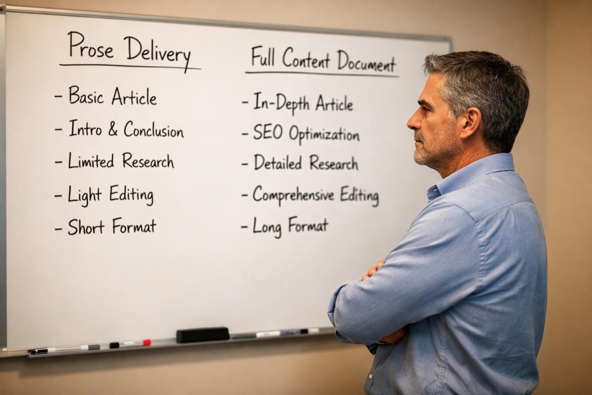 Man in blue shirt reviewing whiteboard comparing prose delivery and full content document writing features.
