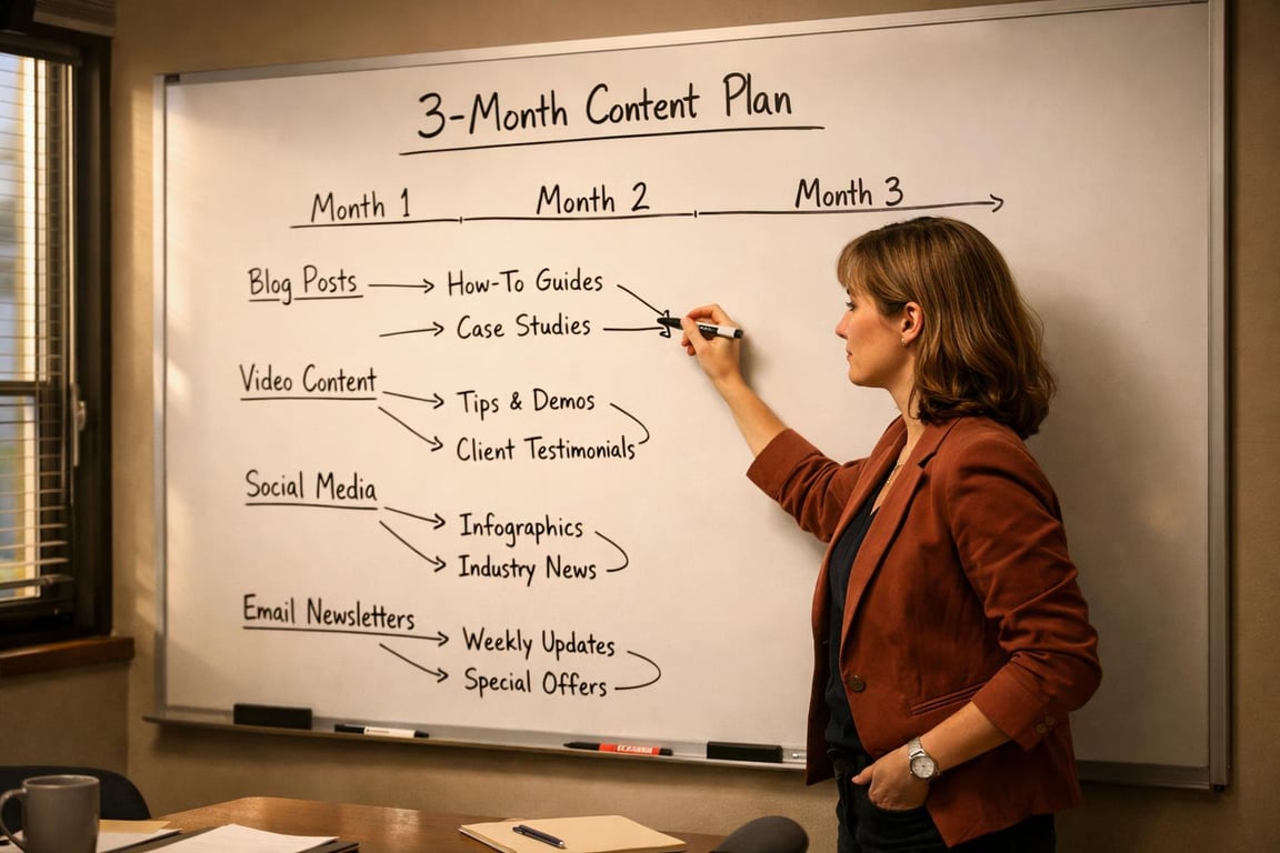 3-month content plan outlining blog posts, video content, social media, and email newsletters strategy on whiteboard.