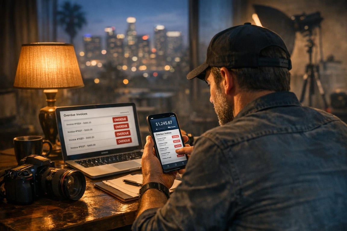 Man checking overdue invoices on smartphone and laptop in dimly lit room with city skyline in the background.