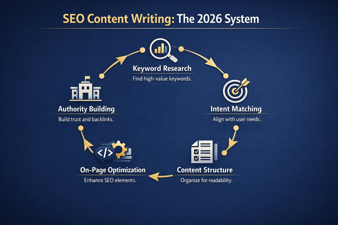 SEO content writing 2026 system showing five steps: Keyword Research, Intent Matching, Content Structure, On-Page Optimization, Authority Building.