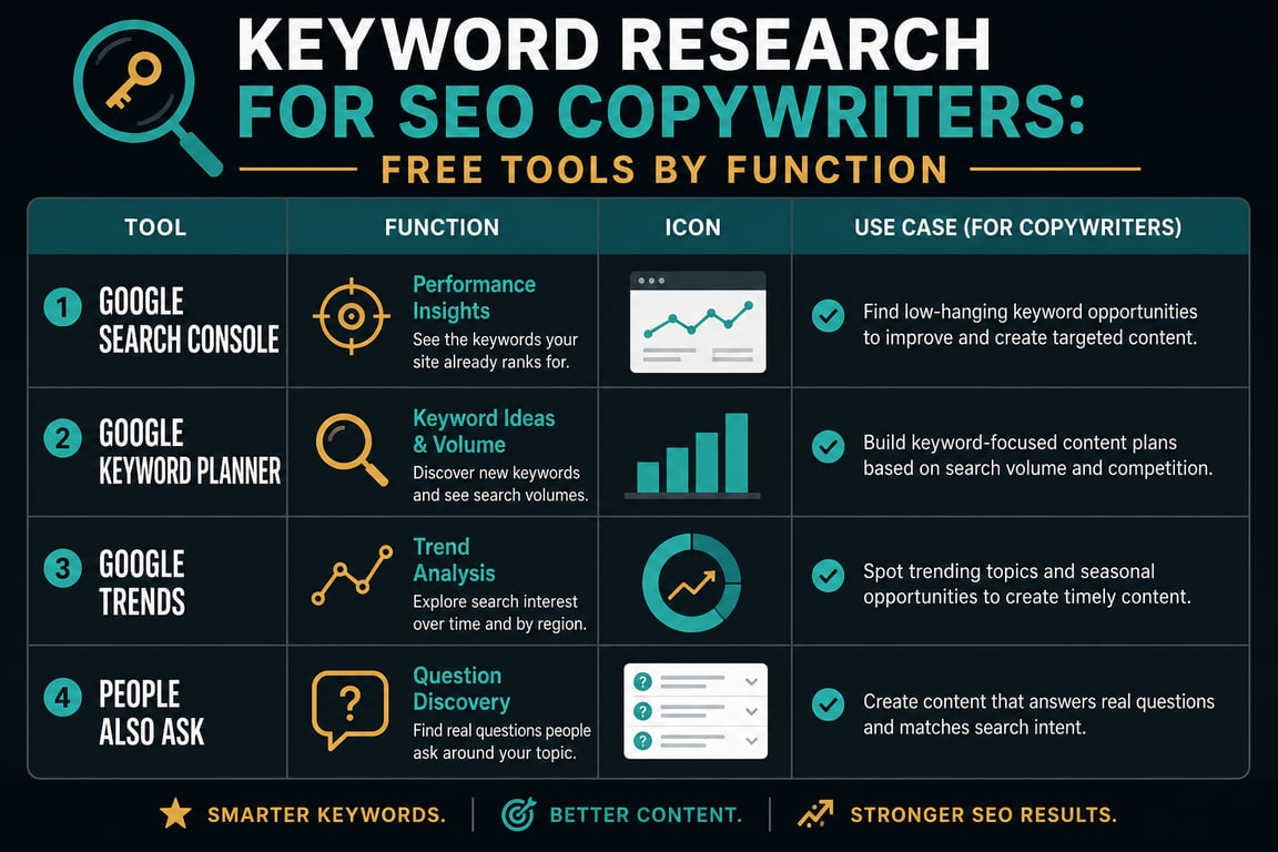 Infographic comparing four free keyword research tools for SEO copywriters by function and use case