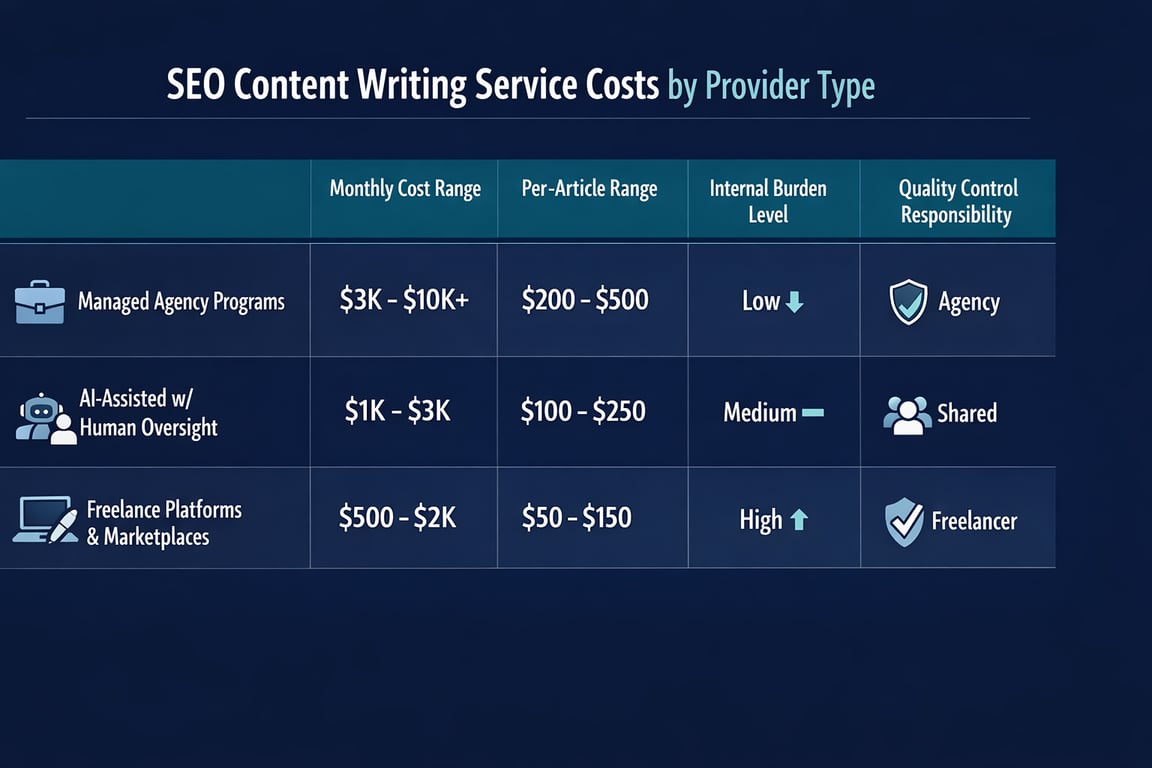 SEO content writing service costs by provider type showing monthly cost, per-article range, internal burden, and quality control responsibility.