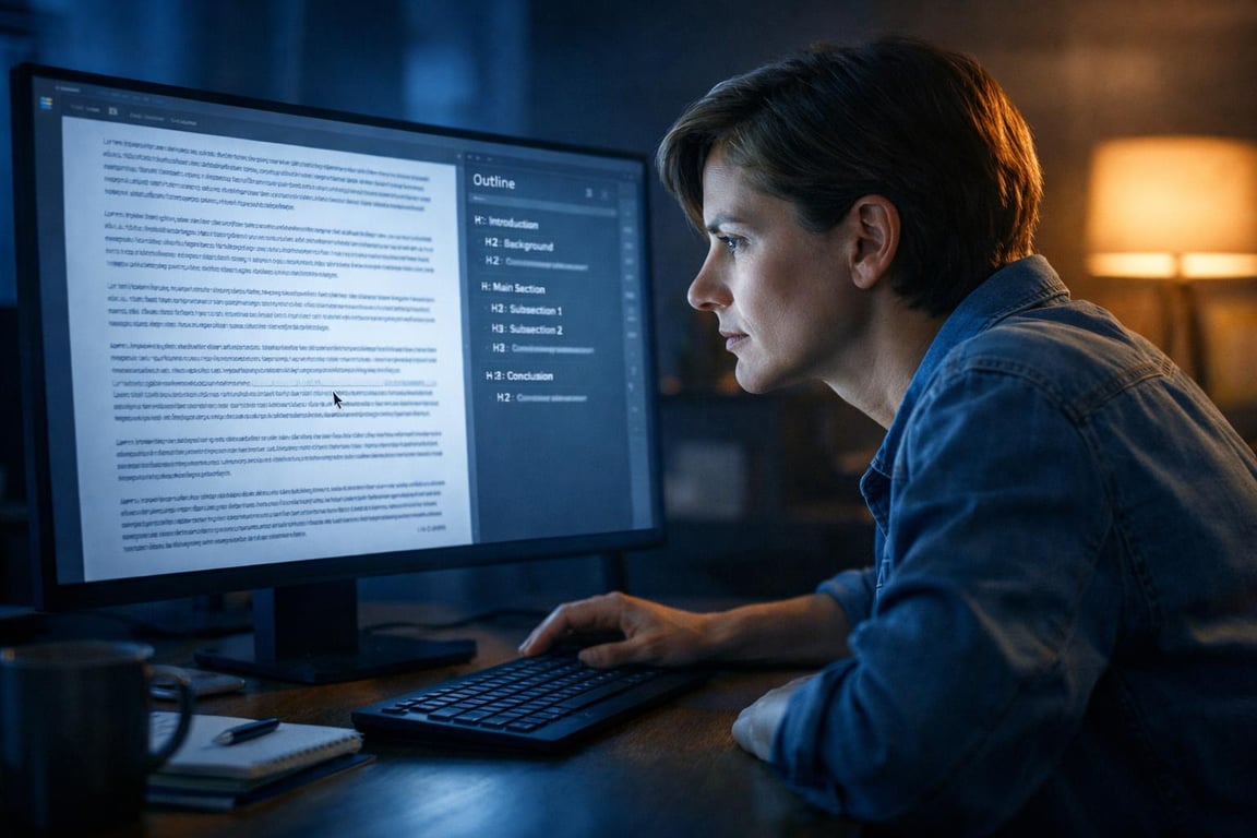 Person focused on writing and editing text on a desktop computer in a dimly lit room.