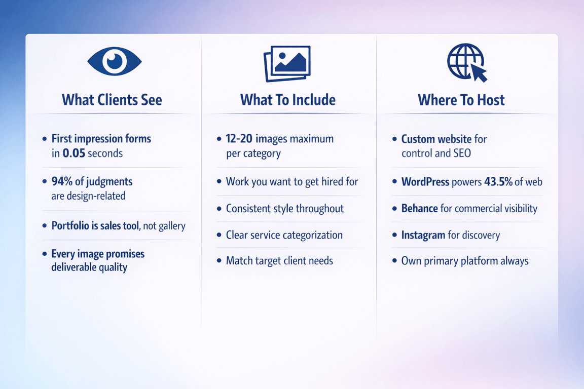 Client first impressions, portfolio tips, image limits, style consistency, hosting options including WordPress, Behance, Instagram for SEO and visibility.