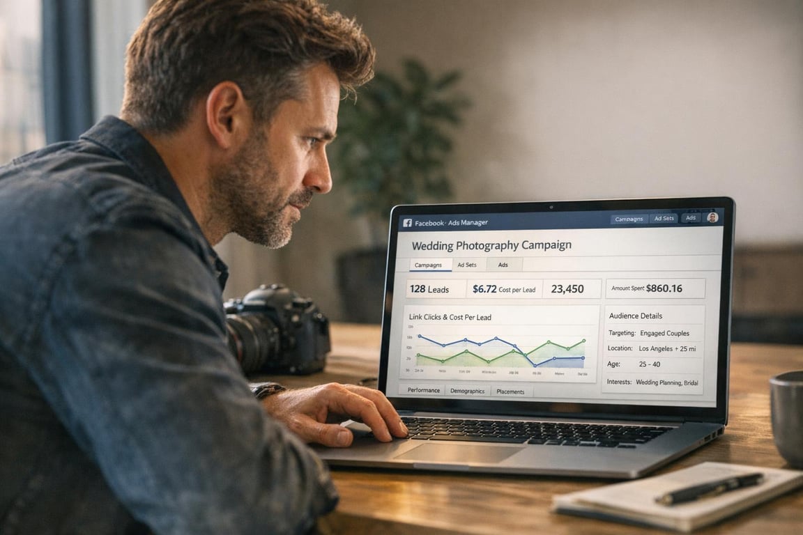 Man analyzing Facebook Ads Manager dashboard for a wedding photography campaign on his laptop.