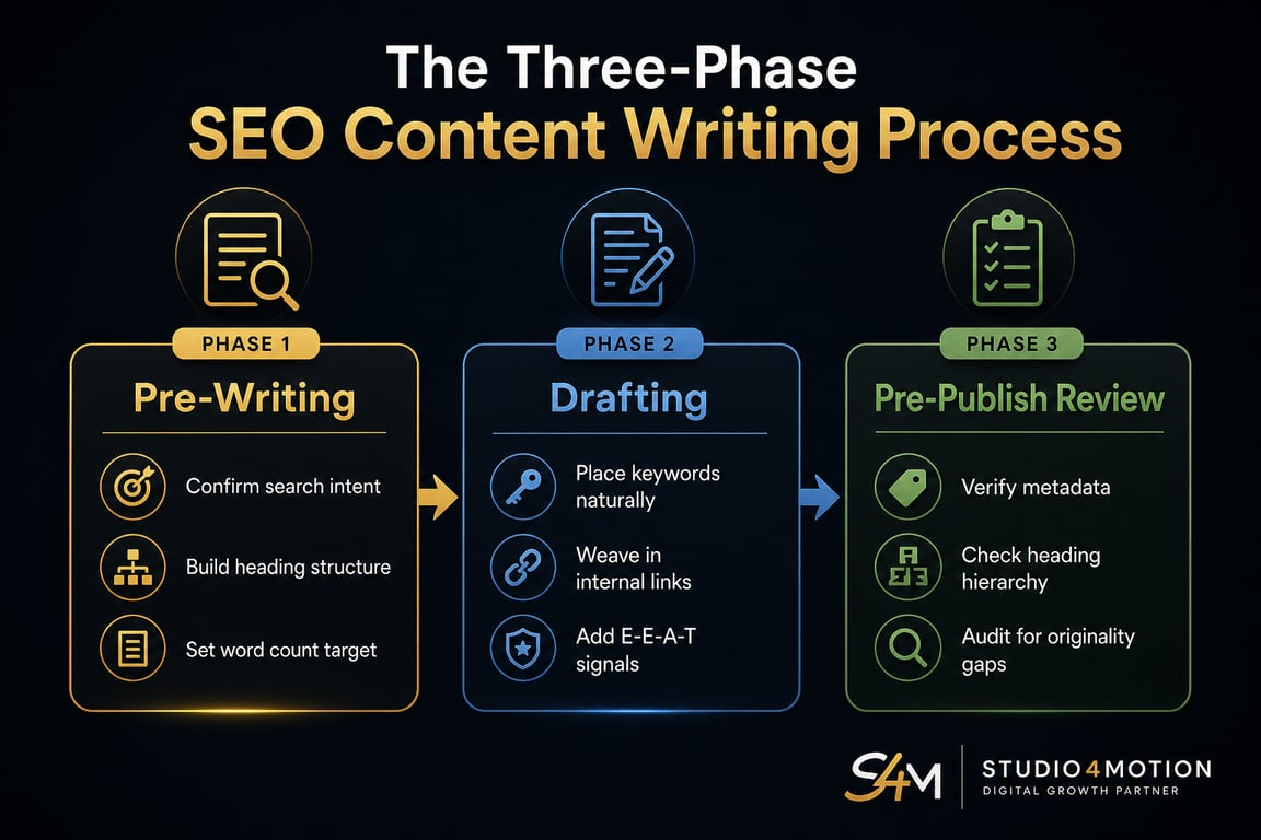 Infographic: the three-phase SEO content writing process, pre-writing, drafting and pre-publish review