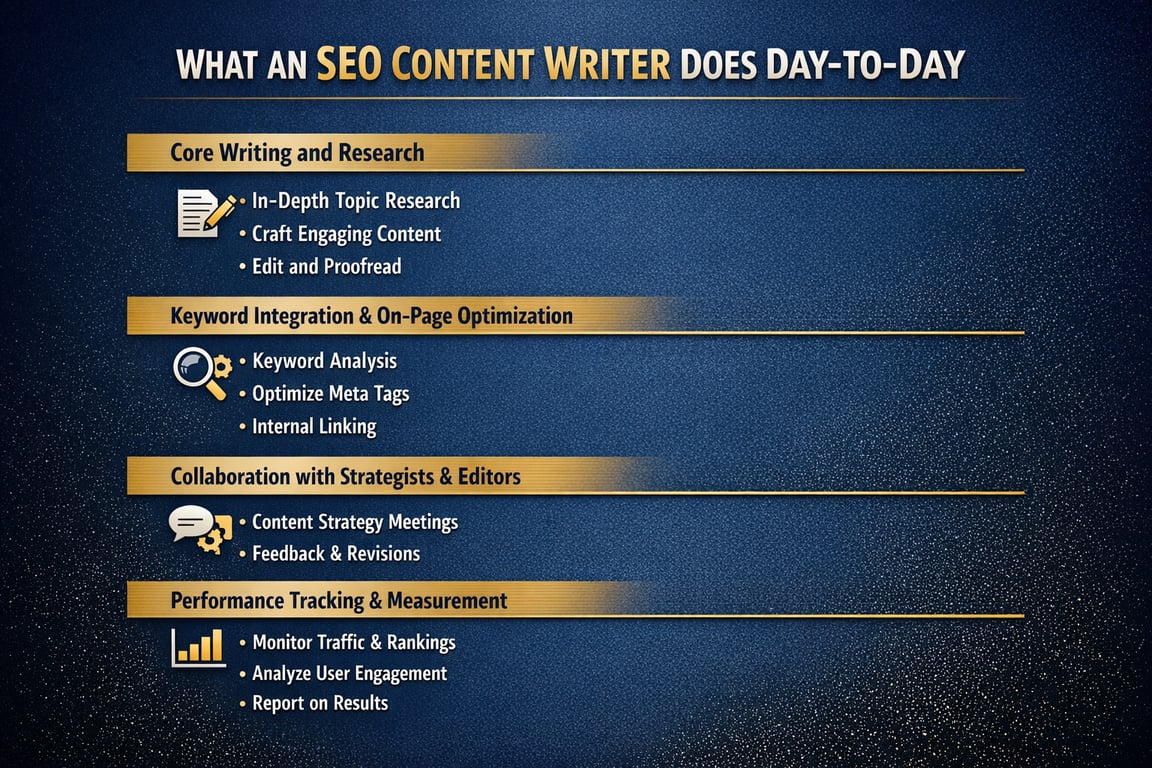 Day-to-day tasks of an SEO content writer including research, keyword optimization, collaboration, and performance tracking.
